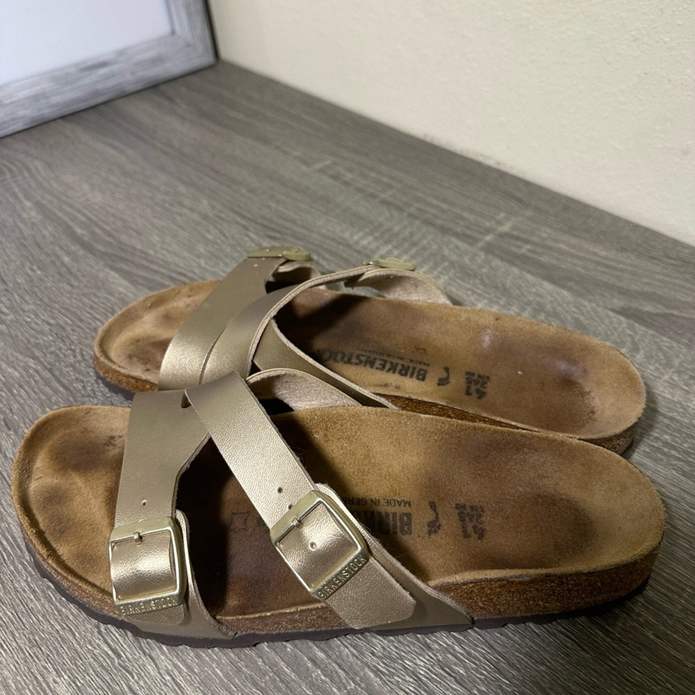 Birkenstock Gold Sandals with Wide Straps and Contoured Footbed